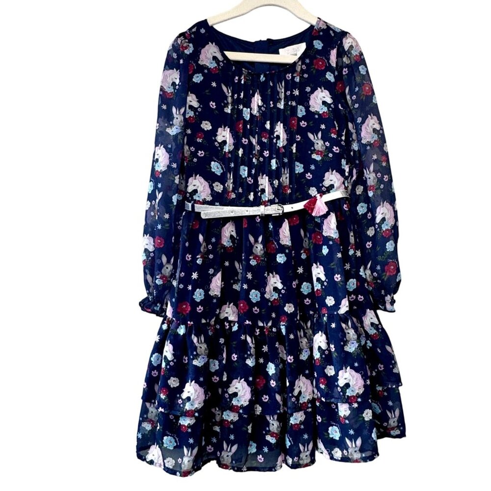 TUTU’S & TAMBOURINES Woodland Creatures Dress Girls 7 Blue Bunny Rabbit Unicorns